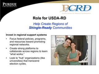 Role for USDA-RD
                       Help Create Regions of
                     Shingle-Ready Communities

Invest in regional support systems
•   Focus federal policies, programs,
    and resources toward promoting
    regional networks.
•   Create strong platforms to
    collaborate across regions to learn
    “what works.”
•   Look to “hub” organizations (like
    universities) that transcend
    election cycles.
 