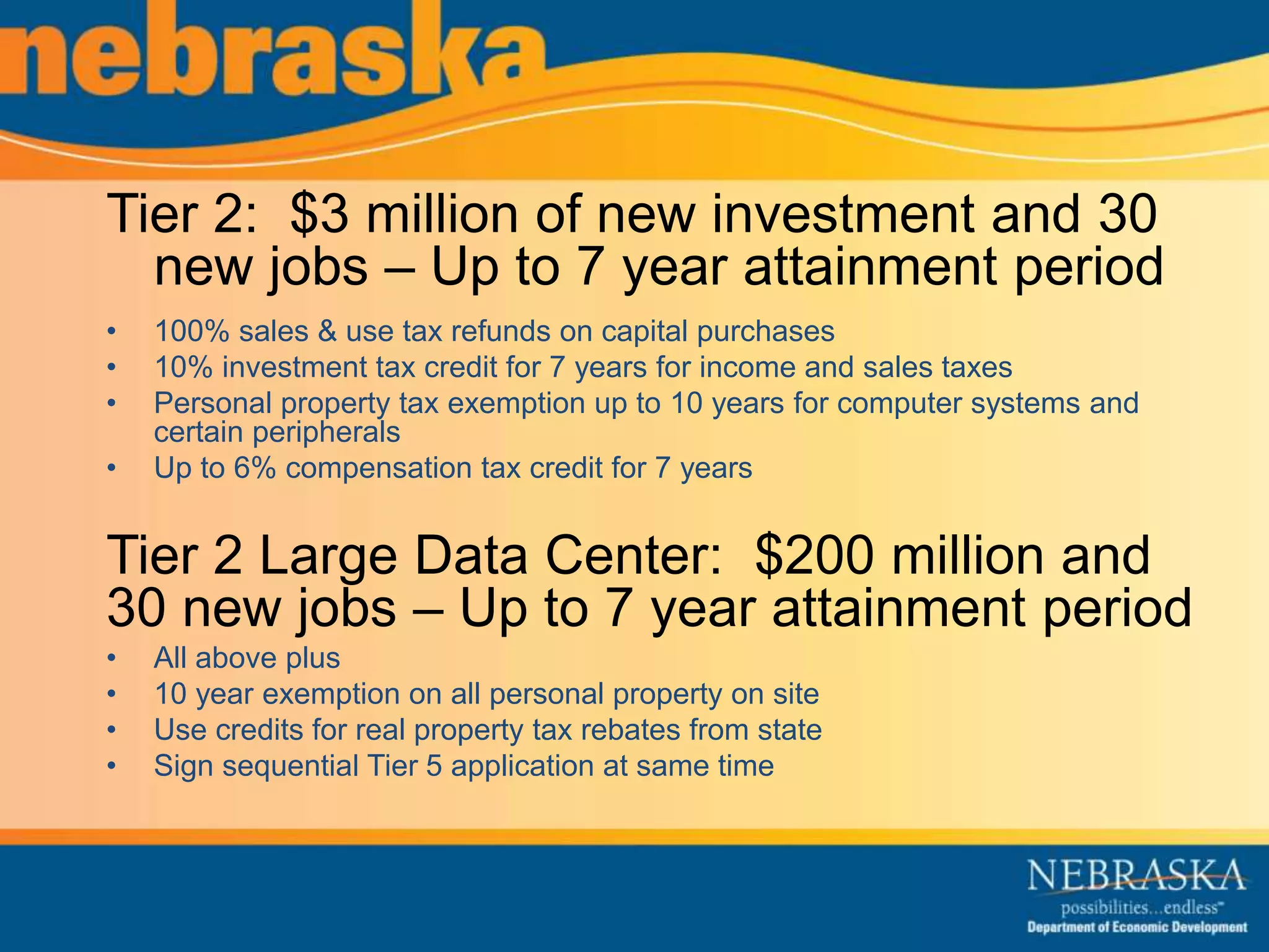Tier 2: $3 million of new investment and 30 
new jobs – Up to 7 year attainment period 
• 100% sales & use tax refunds on capital purchases 
• 10% investment tax credit for 7 years for income and sales taxes 
• Personal property tax exemption up to 10 years for computer systems and 
certain peripherals 
• Up to 6% compensation tax credit for 7 years 
Tier 2 Large Data Center: $200 million and 
30 new jobs – Up to 7 year attainment period 
• All above plus 
• 10 year exemption on all personal property on site 
• Use credits for real property tax rebates from state 
• Sign sequential Tier 5 application at same time 
 