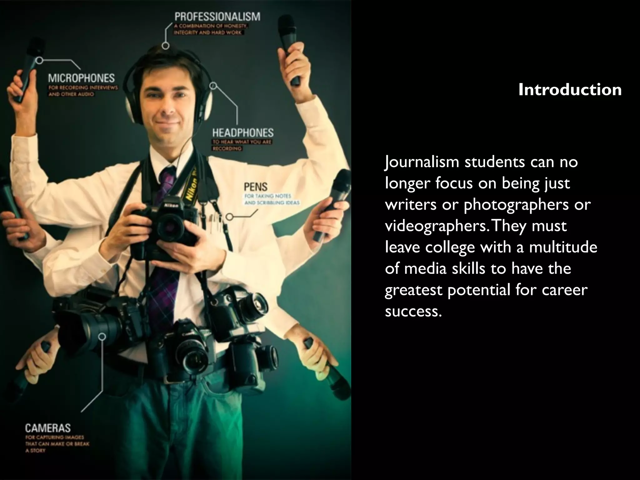 Introduction
Journalism students can no
longer focus on being just
writers or photographers or
videographers.They must
leave college with a multitude
of media skills to have the
greatest potential for career
success.
 