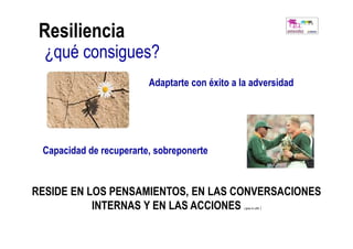 Resiliencia
  ¿qué consigues?
                         Adaptarte con éxito a la adversidad




 Capacidad de recuperarte, sobreponerte


RESIDE EN LOS PENSAMIENTOS, EN LAS CONVERSACIONES
           INTERNAS Y EN LAS ACCIONES          ( glass & coffe   )
 