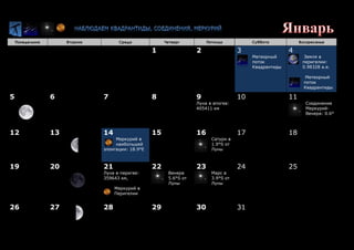 Понедельник Вторник Среда Четверг Пятница Суббота Воскресенье
1 2 3
Метеорный
поток
Квадрантиды
4
Земля в
перигелии:
0.98328 a.е.
Метеорный
поток
Квадрантиды
5 6 7 8 9
Луна в апогее:
405411 км
10 11
Соединение
Меркурий-
Венера: 0.6°
12 13 14
Меркурий в
наибольшей
элонгации: 18.9°E
15 16
Сатурн в
1.9°S от
Луны
17 18
19 20 21
Луна в перигее:
359643 км,
Меркурий в
Перигелии
22
Венера
5.6°S от
Луны
23
Марс в
3.9°S от
Луны
24 25
26 27 28 29 30 31
 