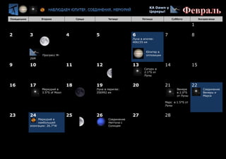 Понедельник Вторник Среда Четверг Пятница Суббота Воскресенье
1
2 3
Прогресс M-
26M
4 5 6
Луна в апогее:
406155 км
Юпитер в
оппозиции
7 8
9 10 11 12 13
Сатурн в
2.1°S от
Луны
14 15
16 17
Меркурий в
3.5°S of Moon
18 19
Луна в перигее:
356992 км
20 21
Венера
в 2.0°S
от Луны
Марс в 1.5°S от
Луны
22
Соединение
Венеры и
Марса
23 24
Меркурий в
наибольшей
элонгации: 26.7°W
25 26
Соединение
Нептуна с
Солнцем
27 28
 