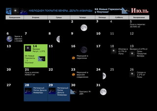 Понедельник Вторник Среда Четверг Пятница Суббота Воскресенье
1 2 3 4 5
Луна в перигее:
367095 км
6
Земля в
афелии:
1.01668
7 8 9 10 11 12
13 14
Венера-
Регул: 1.5°S
КА Новые
Горизонты
– у
Плутона!
15 16
Меркурий в
перигелии
17 18
Юпитер в
4.1°N от
Луны
19
Венера в 0.4°N от
Луны.
Покрытие
Венеры
20 21
Луна в апогее:
404837 км
22 23
Меркурий в
верхнем
соединении
24 25 26
Сатурн в
2.2°S от
Луны
27 28
Метеорный
Поток Дельта
Аквариды
29
Метеорный
Поток
Дельта
Аквариды
30
Прогресс M-
28M
31
 