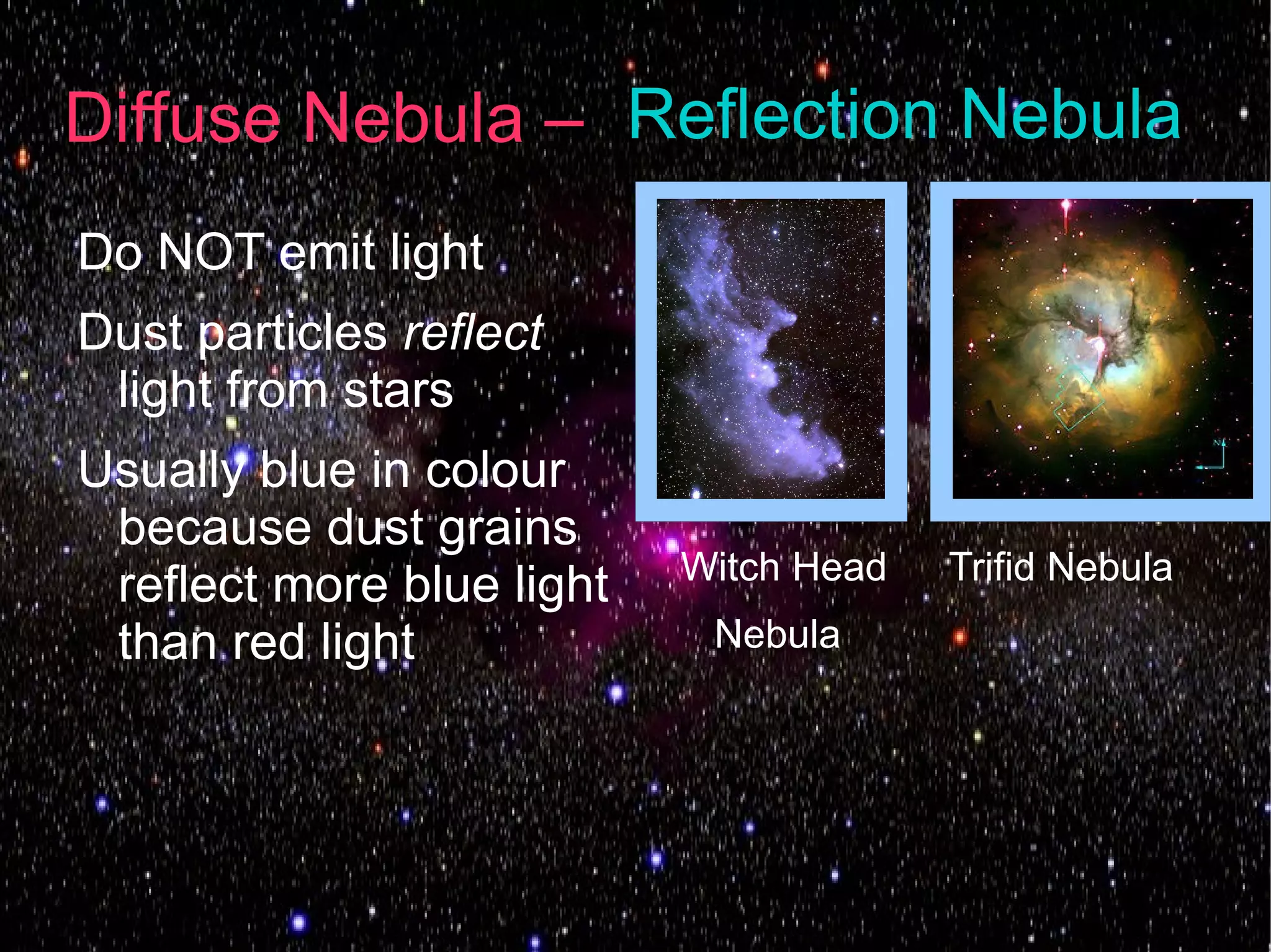 Diffuse Nebula – Reflection Nebula
Do NOT emit light
Dust particles reflect
 light from stars
Usually blue in colour
 because dust grains
                           Witch Head   Trifid Nebula
 reflect more blue light
 than red light             Nebula
 