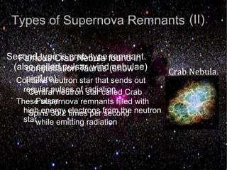 Types of Supernova Remnants (II)


                                             Crab Nebula
Second type is crab-type found in
  Famous Crab Nebula remnant.
 (also called pulsar wind (show
    constellation Taurus nebulae)
    picture)
  Contains neutron star that sends out
    regular pulses of radiation Crab
     Central neutron star called
        Pulsar
  These supernova remnants filled with
    high energy electrons from the neutron
     Spins 30.2 times per second
    starwhile emitting radiation
 
