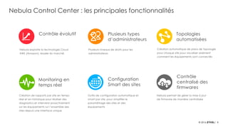 8
Nebula Control Center : les principales fonctionnalités
Nebula exploite la technologie Cloud
AWS (Amazon), leader du marché.
Contrôle évolutif
Création de rapports par site en temps
réel et en historique pour réaliser des
diagnostics et intervenir proactivement
sur les équipements sur l’ensemble des
sites depuis une interface unique
Plusieurs niveaux de droits pour les
administrateurs
Outils de configuration automatique et
smart par site, pour simplifier le
paramétrage des sites et des
équipements
Création automatique de plans de topologie
pour chaque site pour visualiser aisément
comment les équipements sont connectés
Plusieurs types
d’administrateurs
Configuration
Smart des sites
Monitoring en
temps réel
Topologies
automatisées
Nebula permet de gérer la mise à jour
de firmware de manière centralisée
Contrôle
centralisé des
firmwares
 