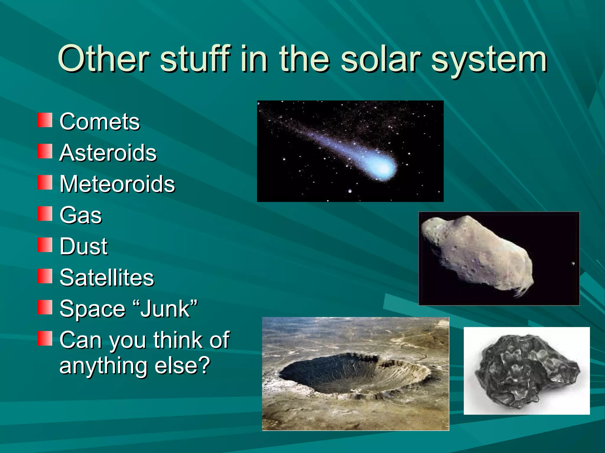 OOtthheerr ssttuuffff iinn tthhee ssoollaarr ssyysstteemm 
CCoommeettss 
AAsstteerrooiiddss 
MMeetteeoorrooiiddss 
GGaass 
DDuusstt 
SSaatteelllliitteess 
SSppaaccee ““JJuunnkk”” 
CCaann yyoouu tthhiinnkk ooff 
aannyytthhiinngg eellssee?? 
 