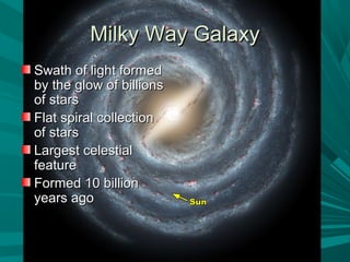 MMiillkkyy WWaayy GGaallaaxxyy 
SSwwaatthh ooff lliigghhtt ffoorrmmeedd 
bbyy tthhee ggllooww ooff bbiilllliioonnss 
ooff ssttaarrss 
FFllaatt ssppiirraall ccoolllleeccttiioonn 
ooff ssttaarrss 
LLaarrggeesstt cceelleessttiiaall 
ffeeaattuurree 
FFoorrmmeedd 1100 bbiilllliioonn 
yyeeaarrss aaggoo 
 