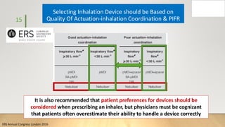 Selecting Inhalation Device should be Based on
Quality Of Actuation-inhalation Coordination & PIFR
ERS Annual Congress London 2016
15
It is also recommended that patient preferences for devices should be
considered when prescribing an inhaler, but physicians must be cognizant
that patients often overestimate their ability to handle a device correctly
 
