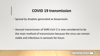 COVID 19 transmission
• Spread by droplets generated as bioaerosols.
• Aerosol transmission of SARS-CoV-2 is now considered to be
the main method of transmission because the virus can remain
viable and infectious in aerosols for hours
Ari A. Respir Med. 2020;167:105987.
 