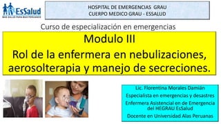 Curso de especialización en emergencias
Modulo III
Rol de la enfermera en nebulizaciones,
aerosolterapia y manejo de secreciones.
HOSPITAL DE EMERGENCIAS GRAU
CUERPO MEDICO GRAU - ESSALUD
Lic. Florentina Morales Damián
Especialista en emergencias y desastres
Enfermera Asistencial en de Emergencia
del HEGRAU EsSalud
Docente en Universidad Alas Peruanas
 