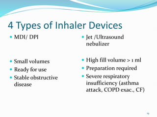 19
4 Types of Inhaler Devices
 MDI/ DPI
 Small volumes
 Ready for use
 Stable obstructive
disease
 Jet /Ultrasound
nebulizer
 High fill volume > 1 ml
 Preparation required
 Severe respiratory
insufficiency (asthma
attack, COPD exac., CF)
 