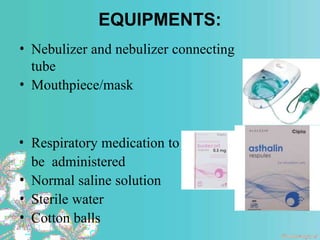EQUIPMENTS:
• Nebulizer and nebulizer connecting
tube
• Mouthpiece/mask
• Respiratory medication to
be administered
• Normal saline solution
• Sterile water
• Cotton balls
 