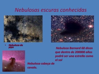 Nebulosas escuras conhecidas




• Nebulosa da
  pipa                               Nebulosa Barnard 68 dicen
•

                                     que dentro de 200000 años
                                     podrá ser una estrella como
                                     el sol
                Nebulosa cabeça de
                cavalo.
 