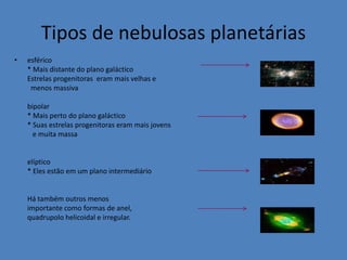 Tipos de nebulosas planetárias
•   esférico
    * Mais distante do plano galáctico
    Estrelas progenitoras eram mais velhas e
     menos massiva

    bipolar
    * Mais perto do plano galáctico
    * Suas estrelas progenitoras eram mais jovens
      e muita massa


    elíptico
    * Eles estão em um plano intermediário


    Há também outros menos
    importante como formas de anel,
    quadrupolo helicoidal e irregular.
 