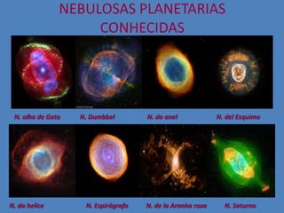 NEBULOSAS PLANETARIAS
                    CONHECIDAS




 N. olho de Gato   N. Dumbbel        N. do anel             N. del Esquimo




N. da helice        N. Espirógrafo   N. de la Aranha roxa     N. Saturno
 