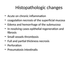Histopathologic changes
• Acute on chronic inflammation
• coagulation necrosis of the superficial mucosa
• Edema and hemorrhage of the submucosa
• In resolving cases epithelial regeneration and
fibrosis
• Small vessels thrombosis
• Full and partial thickness necrosis
• Perforation
• Pneumatosis intestinalis
 