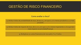 GESTÃO DE RISCO FINANCEIRO 
Como avaliar o risco? 
1. Atribuir índice de probabilidade de risco, de 0.1 a 1 , em que 0.1 é o menos provável e o 1 o mais 
provável. 
2. Atribuir índice de impacto de risco, de 0.1 a 1, em que 0.1 é o menos impactante e 1 é o que tem 
mais impacto na actividade/finanças 
3. Multiplicar os custos financeiros de risco pelo 1º e 2º índice. 
 