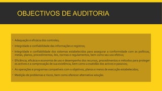 OBJECTIVOS DE AUDITORIA 
 Adequação e eficácia dos controles; 
 Integridade e confiabilidade das informações e registros; 
 Integridade e confiabilidade dos sistemas estabelecidos para assegurar a conformidade com as políticas, 
metas, planos, procedimentos, leis, normas e regulamentos, bem como seu uso efetivo; 
 Eficiência, eficácia e economia de uso e desempenho dos recursos, procedimentos e métodos para proteger 
os activos e a comprovação de sua existência, bem como a exatidão dos activos e passivos; 
 As operações e programas compatíveis com o objetivos, planos e meios de execução estabelecidos; 
 Medição de problemas e riscos, bem como oferecer alternativa solução. 
 