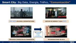13 © NEC Corporation 2016 NEC Group Internal Use Only
Smart City: Big Data, Energía, Tráfico, “Comunicación”
BIG DATA APLICADA A INFRASTRUTURAS GESTION DE ENERGIA Y AGUA (IoT)
PREVISION CONGESTION EN TRANSPORTES RECOMENDACIONES DE RUTA
“Com”
a los
Ciudadanos
 