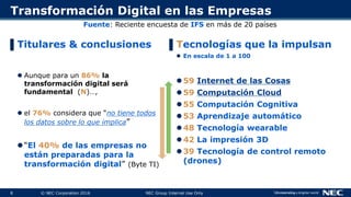 8 © NEC Corporation 2016 NEC Group Internal Use Only
Transformación Digital en las Empresas
▌Titulares & conclusiones
 Aunque para un 86% la
transformación digital será
fundamental (N)…,
 el 76% considera que “no tiene todos
los datos sobre lo que implica”
“El 40% de las empresas no
están preparadas para la
transformación digital” (Byte TI)
Fuente: Reciente encuesta de IFS en más de 20 países
▌Tecnologías que la impulsan
 En escala de 1 a 100
59 Internet de las Cosas
59 Computación Cloud
55 Computación Cognitiva
53 Aprendizaje automático
48 Tecnología wearable
42 La impresión 3D
39 Tecnología de control remoto
(drones)
 