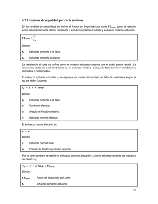 31
4.2.2.Factores de seguridad por corte mínimos
En los análisis de estabilidad se define el Factor de Seguridad por corte FScorte, como la relación
entre esfuerzo cortante último resistente o esfuerzo cortante a la falla y esfuerzo cortante actuante.
Dónde:
τf Esfuerzo cortante a la falla.
τA Esfuerzo cortante actuante
La resistencia al corte se define como el máximo esfuerzo cortante que el suelo puede resistir. La
resistencia del suelo está controlada por el esfuerzo efectivo, aunque la falla ocurra en condiciones
drenadas o no drenadas.
El esfuerzo cortante a la falla f se expresa por medio del modelo de falla de materiales según la
ley de Mohr-Coulomb.
Dónde:
τf Esfuerzo cortante a la falla.
c´ Cohesión efectiva.
φ´ Ángulo de fricción efectivo.
σ´ Esfuerzo normal efectivo.
El esfuerzo normal efectivo es:
Dónde:
σ Esfuerzo normal total.
u Presión de fluidos o presión de poro.
Por lo tanto también se define el esfuerzo cortante actuante τA como esfuerzo cortante de trabajo o
de diseño τD:
Dónde:
Factor de seguridad por corte
Esfuerzo cortante actuante
 