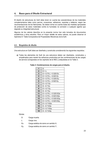 23
4. Bases para el Diseño Estructural
El diseño de estructuras de GaK debe tener en cuenta las características de los materiales
complementarios tales como pernos, conectores, adhesivos, soportes y tableros, según las
recomendaciones de los fabricantes. Se deben tomar en cuenta todas las medidas apropiadas
de protección de estos materiales contra la humedad, la corrosión o cualquier agente que
degrade su integridad estructural.
Algunos de los valores descritos en la presente norma han sido tomados de documentos
académicos y otros estudios. Para un mayor detalle de estos valores, se puede observar el
Apéndice 6: Tabla Comparativa de Propiedades Mecánicas de la GaK.
4.1. Requisitos de diseño
Una estructura en GaK debe ser diseñada y construida considerando los siguientes requisitos:
a) Todos los elementos de GaK de una estructura deben ser diseñados, construidos y
empalmados para resistir los esfuerzos producidos por las combinaciones de las cargas
de servicio consignadas en los capítulos de la NEC y estipuladas en la Tabla 3.
Tabla 3: Combinaciones de cargas para el diseño.
1 D
2 D + L
3 D + 0.75 L + 0.525 Ex
4 D + 0.75 L - 0.525 Ex
5 D + 0.75 L + 0.525 Ey
6 D + 0.75 L - 0.525 Ey
7 D + 0.7 Ex
8 D - 0.7 Ex
9 D + 0.7 Ey
10 D - 0.7 Ey
11 D + 0.75 L + 0.525 EQx
12 D + 0.75 L - 0.525 EQx
13 D + 0.75 L + 0.525 EQy
14 D + 0.75 L - 0.525 EQy
15 D + 0.7 EQx
16 D - 0.7 EQx
17 D + 0.7 EQy
18 D - 0.7 EQy
Dónde:
D Carga muerta.
L Carga viva.
Ex Carga estática de sismo en sentido X.
Ey Carga estática de sismo en sentido Y.
 
