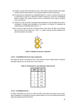 35
a) Cuando una viga está conformada por dos o más culmos (viga de sección compuesta),
se debe verificar si esta requiere o no de soporte lateral en la zona comprimida.
b) El coeficiente de modificación por estabilidad lateral (CL), tiene en cuenta la reducción de
la capacidad de carga de un elemento sometido a flexión por causa de la inestabilidad
lateral o pandeo, que sucede cuando la zona a compresión de una viga se comporta
como una columna.
c) Cuando una viga de sección compuesta esta soportada en toda la longitud de la zona a
compresión y además está restringida en los apoyos a la rotación, el coeficiente de
modificación por estabilidad lateral será CL = 1.
d) En el caso de vigas de sección compuesta (dos o más culmos de GaK), cuya relación
alto (d) ancho (b) sea mayor que 1 (d/b > 1), deben incluirse soportes laterales para
prevenir el pandeo o la rotación.
Figura 3: Ejemplo de sección compuesta
4.4.5.2. Estabilidad lateral de vigas compuestas
Para vigas de sección compuesta por dos o más culmos de GaK se debe reducir el esfuerzo
admisible a flexión (Fb), por el valor de CL de la Tabla 15.
Tabla 15: Coeficientes CL para diferentes relaciones d/b
d/b CL
1 1.00
2 0.98
3 0.95
4 0.91
5 0.87
4.4.5.3. Estabilidad lateral
En vigas compuestas por más de un culmo de GaK y cuya altura sea mayor que su ancho,
debe investigarse la necesidad de proveer soporte lateral a la zona comprimida del elemento,
según las siguientes recomendaciones:
 