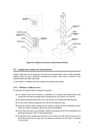51
Figura 8-2: Detalle de cimiento y sobrecimiento (Plinto)
5.5. Anclaje de los culmos a los sobrecimientos
Existen varias opciones de anclaje de los culmos a los sobrecimientos, como: varilla corrugada,
pletinas, tubos de acero, elementos articuladores de acero, entre otros, de acuerdo a los
requerimientos del diseño estructural.
A continuación, se detallan dos de los sistemas de anclaje más usuales:
5.5.1. Mediante varillas de acero
En este tipo de anclaje se debe considerar lo siguiente:
a) Las varillas inician en el cimiento y sobresalen en la cabeza del sobrecimiento, para
cumplir las funciones de anclaje entre el sobrecimiento y los culmos. Ver Figura 8.
b) El sistema posibilita el apoyo de, uno o más culmos, en la cabeza del sobrecimiento.
c) El o los culmos debe(n) apoyarse a 20 o 30 mm por abajo del nudo.
d) Antes de introducir el/los culmo(s) en las varillas, se debe eliminar el diafragma interior
de los dos nudos inmediatos y extraer los restos del diafragma.
e) Con la sierra de copa o saca bocados, realizar una abertura de 25 mm de diámetro en el
entrenudo del culmo a 300 mm del sobrecimiento.
f) El diámetro de los anclajes que penetran en los culmos de GaK, está en función de la
altura de las columnas, en todo caso, no deben ser menores a 10 mm (3/8”), ni mayores
a 18 mm (3/4“).
 