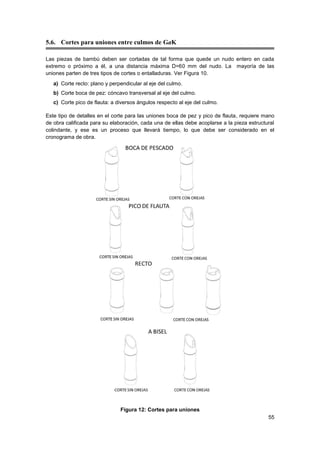 55
5.6. Cortes para uniones entre culmos de GaK
Las piezas de bambú deben ser cortadas de tal forma que quede un nudo entero en cada
extremo o próximo a él, a una distancia máxima D=60 mm del nudo. La mayoría de las
uniones parten de tres tipos de cortes o entalladuras. Ver Figura 10.
a) Corte recto: plano y perpendicular al eje del culmo.
b) Corte boca de pez: cóncavo transversal al eje del culmo.
c) Corte pico de flauta: a diversos ángulos respecto al eje del culmo.
Este tipo de detalles en el corte para las uniones boca de pez y pico de flauta, requiere mano
de obra calificada para su elaboración, cada una de ellas debe acoplarse a la pieza estructural
colindante, y ese es un proceso que llevará tiempo, lo que debe ser considerado en el
cronograma de obra.
Figura 12: Cortes para uniones
 
