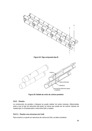 66
Figura 24: Viga compuesta tipo B
Figura 25: Detalle de unión de culmos paralelos
5.8.3. Paneles
La construcción de paneles o tabiques se puede realizar de varias maneras, diferenciadas
entre sí por el tipo de estructura del panel, la misma que puede ser de culmos, listones de
madera tipo A o B preservada o mixto entre GaK y madera.
5.8.3.1. Paneles con estructura de GaK
Para construir un panel con estructura de culmos de GaK, se debe considerar:
 