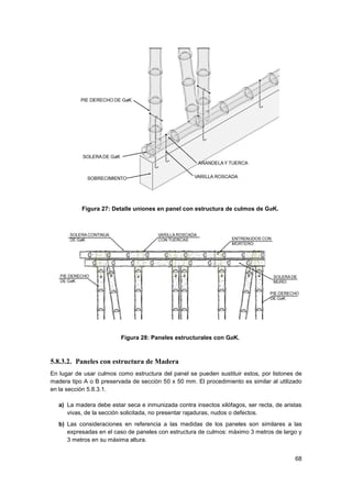 68
Figura 27: Detalle uniones en panel con estructura de culmos de GaK.
Figura 28: Paneles estructurales con GaK.
5.8.3.2. Paneles con estructura de Madera
En lugar de usar culmos como estructura del panel se pueden sustituir estos, por listones de
madera tipo A o B preservada de sección 50 x 50 mm. El procedimiento es similar al utilizado
en la sección 5.8.3.1.
a) La madera debe estar seca e inmunizada contra insectos xilófagos, ser recta, de aristas
vivas, de la sección solicitada, no presentar rajaduras, nudos o defectos.
b) Las consideraciones en referencia a las medidas de los paneles son similares a las
expresadas en el caso de paneles con estructura de culmos: máximo 3 metros de largo y
3 metros en su máxima altura.
 