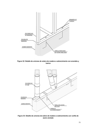 71
Figura 32: Detalle de uniones de solera de madera a sobrecimiento con arandela y
tuerca
Figura 33: Detalle de uniones de solera de madera a sobrecimiento con varilla de
acero anclada
 