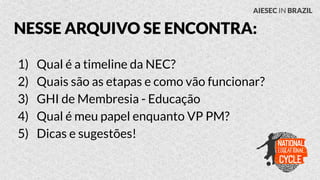 NESSE ARQUIVO SE ENCONTRA:
1) Qual é a timeline da NEC?
2) Quais são as etapas e como vão funcionar?
3) GHI de Membresia -...