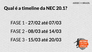 Qual é a timeline da NEC 20.1?
FASE 1 - 27/02 até 07/03
FASE 2 - 08/03 até 14/03
FASE 3 - 15/03 até 20/03
AIESEC IN BRAZIL
 
