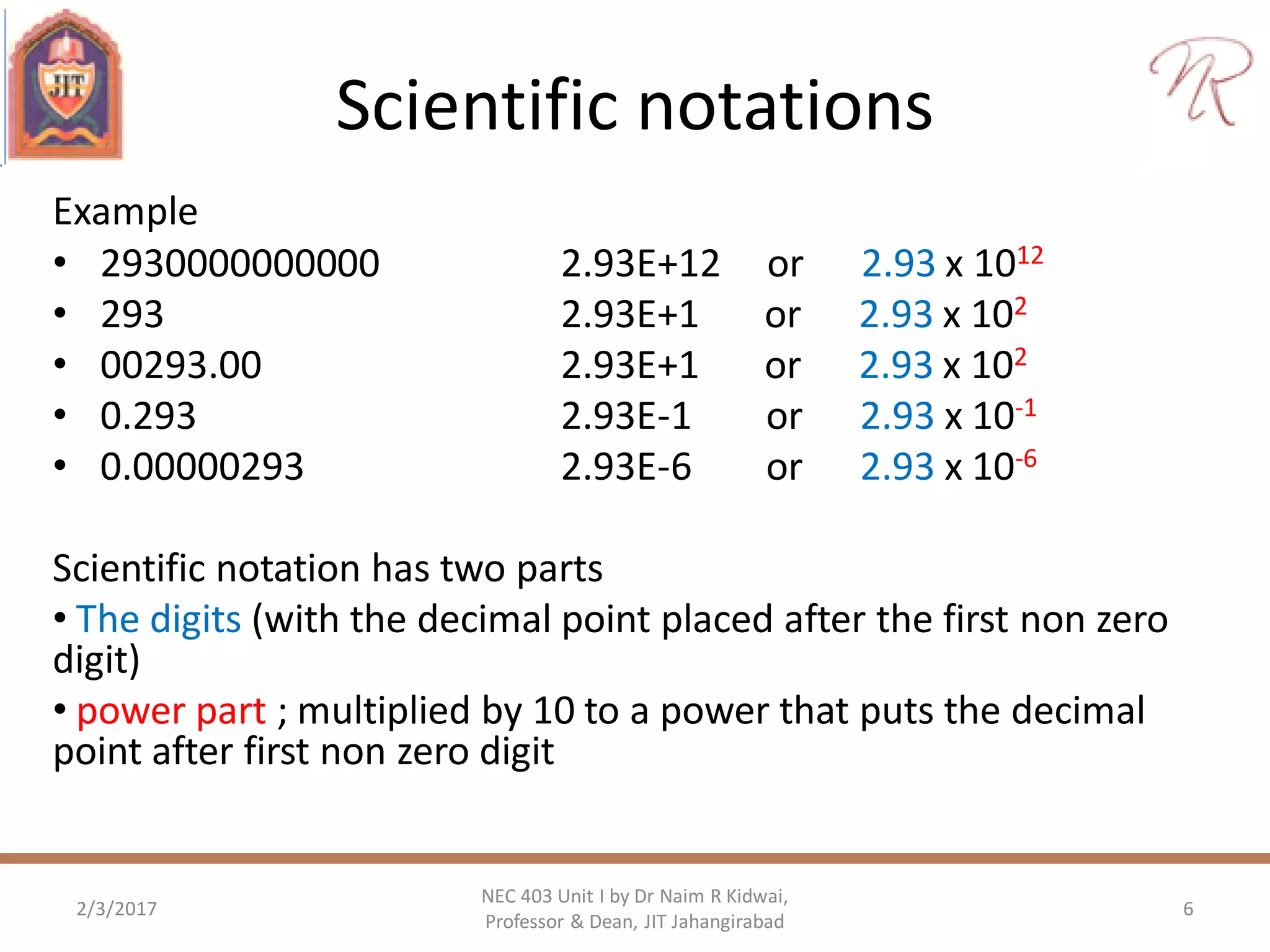 Scientific notations
Example
• 2930000000000 2.93E+12 or 2.93 x 1012
• 293 2.93E+1 or 2.93 x 102
• 00293.00 2.93E+1 or 2.93 x 102
• 0.293 2.93E-1 or 2.93 x 10-1
• 0.00000293 2.93E-6 or 2.93 x 10-6
Scientific notation has two parts
• The digits (with the decimal point placed after the first non zero
digit)
• power part ; multiplied by 10 to a power that puts the decimal
point after first non zero digit
2/3/2017 6
NEC 403 Unit I by Dr Naim R Kidwai,
Professor & Dean, JIT Jahangirabad
 