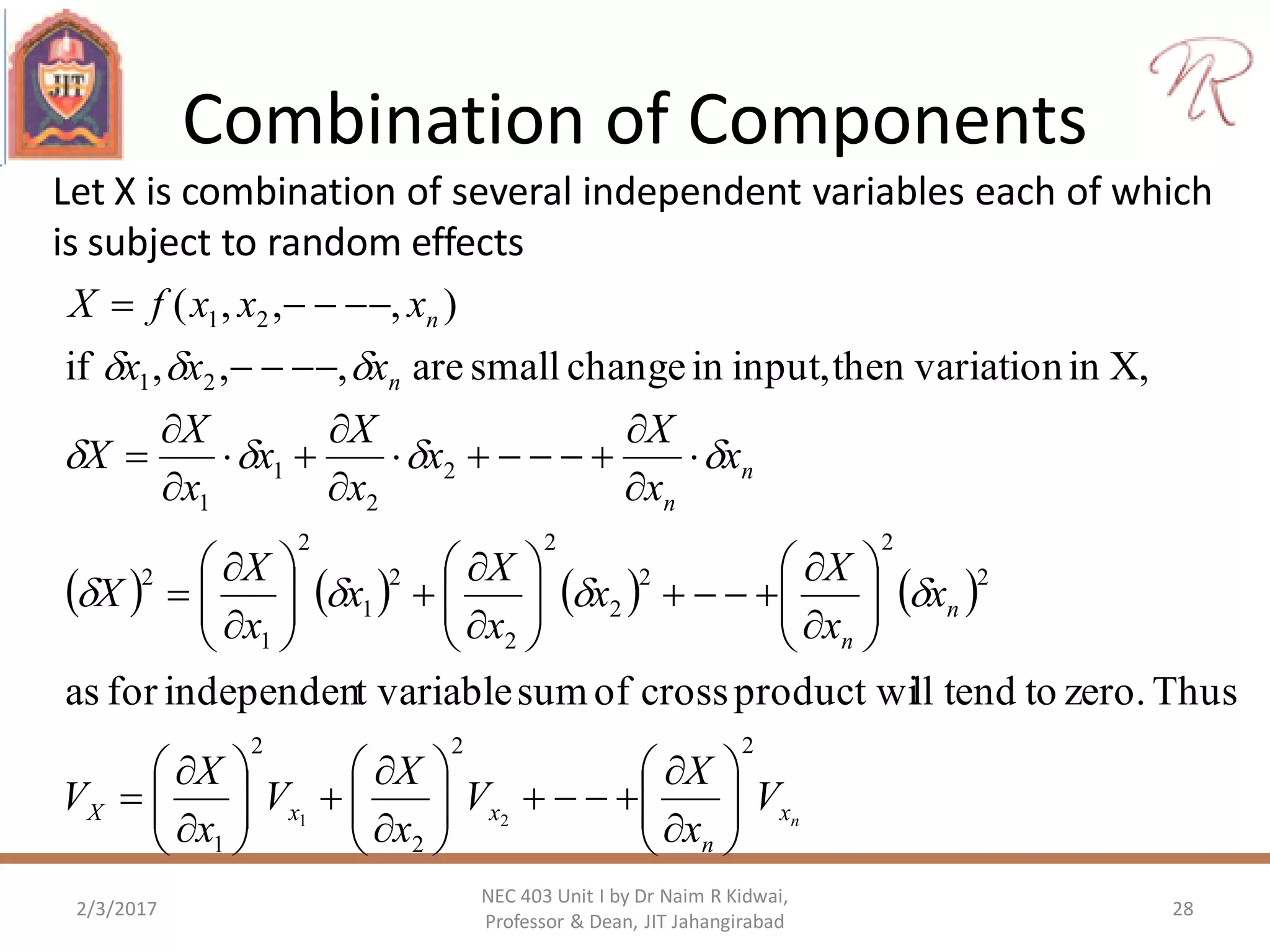 Combination of Components
2/3/2017 28
NEC 403 Unit I by Dr Naim R Kidwai,
Professor & Dean, JIT Jahangirabad
Let X is combination of several independent variables each of which
is subject to random effects
       
nx
n
xxX
n
n
n
n
n
n
V
x
X
V
x
X
V
x
X
V
x
x
X
x
x
X
x
x
X
X
x
x
X
x
x
X
x
x
X
X
xxx
xxxfX
22
2
2
1
2
2
2
2
2
2
2
1
2
1
2
2
2
1
1
21
21
21
Thuszero.totendllproduct wicrossofsumt variableindependenforas
X,invariationtheninput,inchangesmallare,,,if
),,,(

































































 