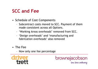 SCC and Fee
• Schedule of Cost Components
– Subcontract costs moved to SCC. Payment of them
made consistent across all Options.
– ‘Working Areas overheads’ removed from SCC.
– ‘Design overheads’ and ‘manufacturing and
fabrication overheads’ also removed
• The Fee
– Now only one fee percentage
 