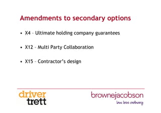 Amendments to secondary options
• X4 – Ultimate holding company guarantees
• X12 – Multi Party Collaboration
• X15 – Contractor’s design
 