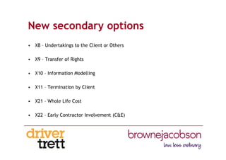 New secondary options
• X8 – Undertakings to the Client or Others
• X9 – Transfer of Rights
• X10 – Information Modelling
• X11 – Termination by Client
• X21 – Whole Life Cost
• X22 – Early Contractor Involvement (C&E)
 