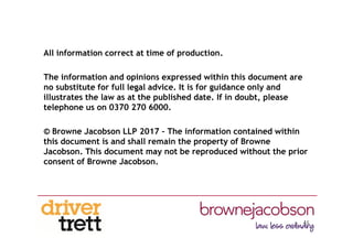 All information correct at time of production.
The information and opinions expressed within this document are
no substitute for full legal advice. It is for guidance only and
illustrates the law as at the published date. If in doubt, please
telephone us on 0370 270 6000.
© Browne Jacobson LLP 2017 – The information contained within
this document is and shall remain the property of Browne
Jacobson. This document may not be reproduced without the prior
consent of Browne Jacobson.
41
 
