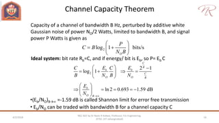 Channel Capacity Theorem
4/2/2018 16
NEC 602 by Dr Naim R Kidwai, Professor, F/o Engineering,
JETGI, (JIT Jahangirabad)
Capacity of a channel of bandwidth B Hz, perturbed by additive white
Gaussian noise of power NO/2 Watts, limited to bandwidth B, and signal
power P Watts is given as
2log 1 bits/s
O
P
C B
N B
 
  
 
Ideal system: bit rate Rb=C, and if energy/ bit is Eb, so P= Eb C
2
2 1
log 1
ln 2 0.693 1.59 dB
C
B
b b
C
O O B
b
O B
E EC C
B N B N
E
N 
  
    
 
 
     
 
•(Eb/NO)B→ =-1.59 dB is called Shannon limit for error free transmission
• Eb/NO can be traded with bandwidth B for a channel capacity C
 