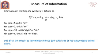 Measure of Information
4/2/2018 3
NEC 602 by Dr Naim R Kidwai, Professor, F/o Engineering,
JETGI, (JIT Jahangirabad)
Information in emitting of a symbol Si is defined as
For base=2, unit is “bit”
For base= 3, unit is “trit”
For base= 10, unit is “digit” or “dit”
For base= e, unit is “nit” or “nepit”
One bit is the amount of information that we gain when one of two equiprobable events
occurs.
2 2
1
( ) log = -log bitsi i
i
I S s p
p
 
 