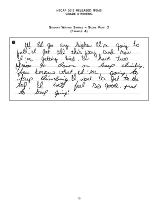 NECAP 2012 RELEASED ITEMS
GRADE 8 WRITING

STUDENT WRITING SAMPLE – SCORE POINT 2
(EXAMPLE A)

s

NECAP_2012_Grade8_Writing_Released_Items_Support_Materials

10

 