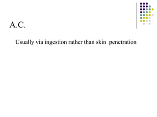 A.C.
Usually via ingestion rather than skin penetration
 