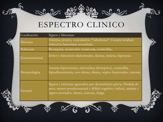 ESPECTRO CLINICO
Localización       Signos y Síntomas
                   Eritema, prurito, vesiculación ("sabañones". Cicatriz residual.
Dérmica
                   Infección bacteriana secundaria.
Pulmonar           Bronquitis, neumonitis neumonía, eosinofilia.
                   Dolor y distensión abdominales, diarrea, melena, hiporexia.
Gastrointestinal

                   Anemia hipocrómica, microcítica (ferropriva), eosinofilia,
Hematológica       hipoalbuminemia, con edema, disnea, soplos funcionales, cianosis.


                   Signos y síntomas agravados por desnutrición previa. Pérdida de
                   peso, retraso pondoestatural y déficit cognitivo (niños), anemia y
General
                   signos asociados, disnea, cianosis, fatiga.
 