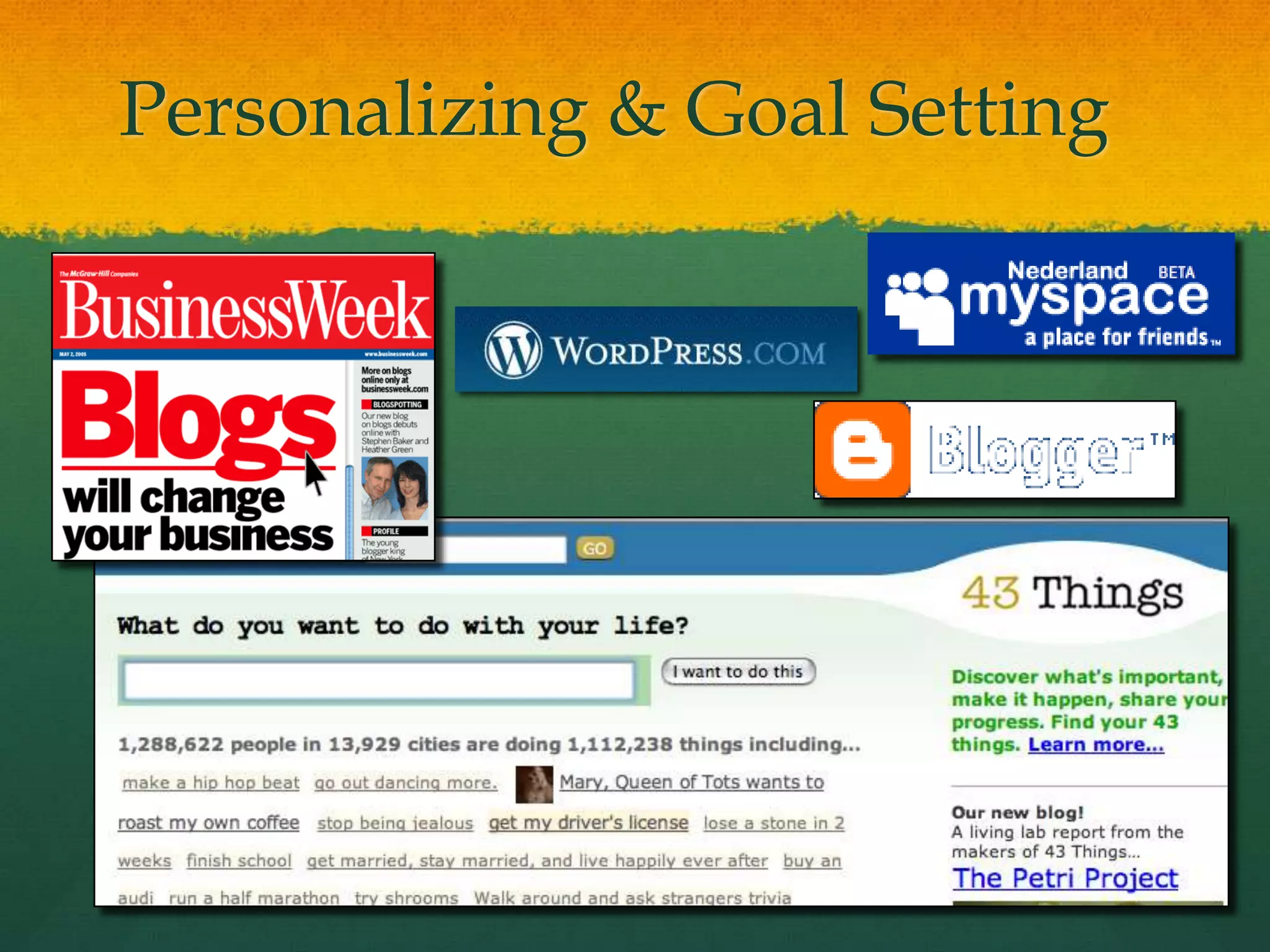 Middle Level (ages ~9~14)ePortfolio EmphasisTechnologies: Blogs, Wikis, VoiceThread, GAMES!Reflection in Middle Grades: Learning to LearnPortfolio Model 