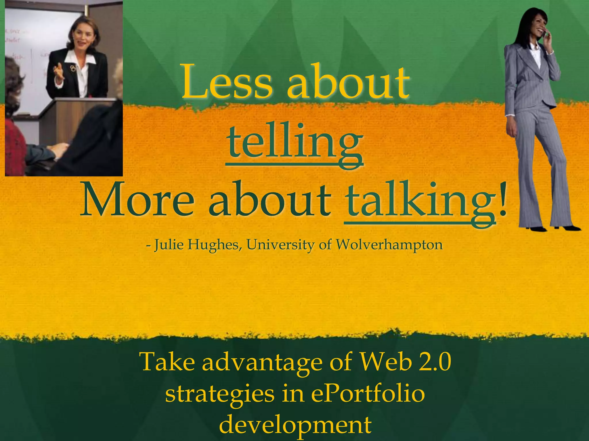 Structure of E-Portfolio TypesPortfolio as Process/ WorkspaceOrganization: Chronological – eDOL(Electronic Documentation of Learning – U. of Calgary) Documenting growth over time for both internal and external audiencesPrimary Purpose: Learning or ReflectionReflection: immediate focus on artifact or learning experiencePortfolio as Product/ ShowcaseOrganization: Thematic – Documenting achievement of Standards, Goals or Learning Outcomes for primarily external audiencesPrimary Purpose: Accountability or EmploymentReflection: retrospective focus on Standards, Goals or Learning Outcomes (Themes)