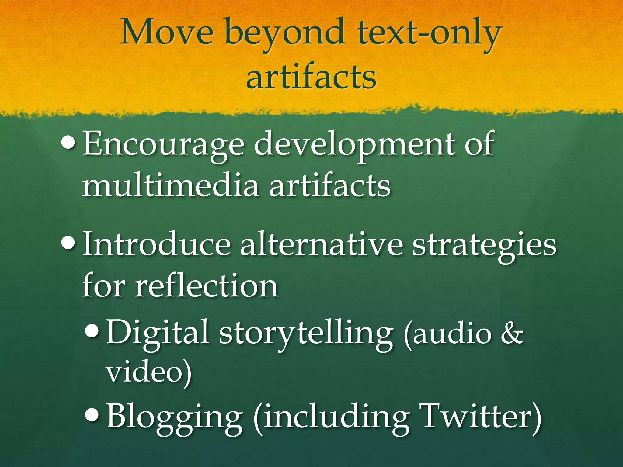 Google Pages NOW Google SitesAdvantagesFree website builderEasy-to-use Flexibility and creativity in portfolio authoring. Helps students build technology skills. Automatically store pages online. 100 MB limit on uploaded attachmentsDisadvantagesNo Interactivity Set up own system for managing the feedback on student work. More of a web page builder than a portfolio program.