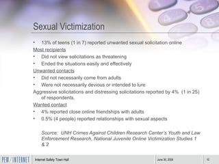 Sexual Victimization 13% of teens (1 in 7) reported unwanted sexual solicitation online Most recipients Did not view solicitations as threatening  Ended the situations easily and effectively Unwanted contacts Did not necessarily come from adults  Were not necessarily devious or intended to lure Aggressive solicitations and distressing solicitations reported by 4%  (1 in 25) of respondents.  Wanted contact 4% reported close online friendships with adults  0.5% (4 people) reported relationships with sexual aspects Source:  UNH Crimes Against Children Research Center’s Youth and Law Enforcement Research, National Juvenile Online Victimization Studies 1 & 2 